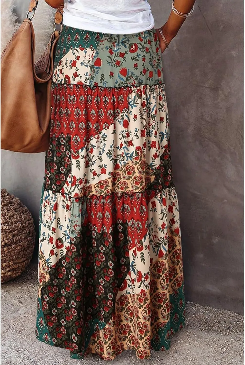 Boho Maxi Skirts for Women Casual High Waisted Tiered A Line Skirt Pleated Ruffle Hem Flowy Long Skirts with Pockets