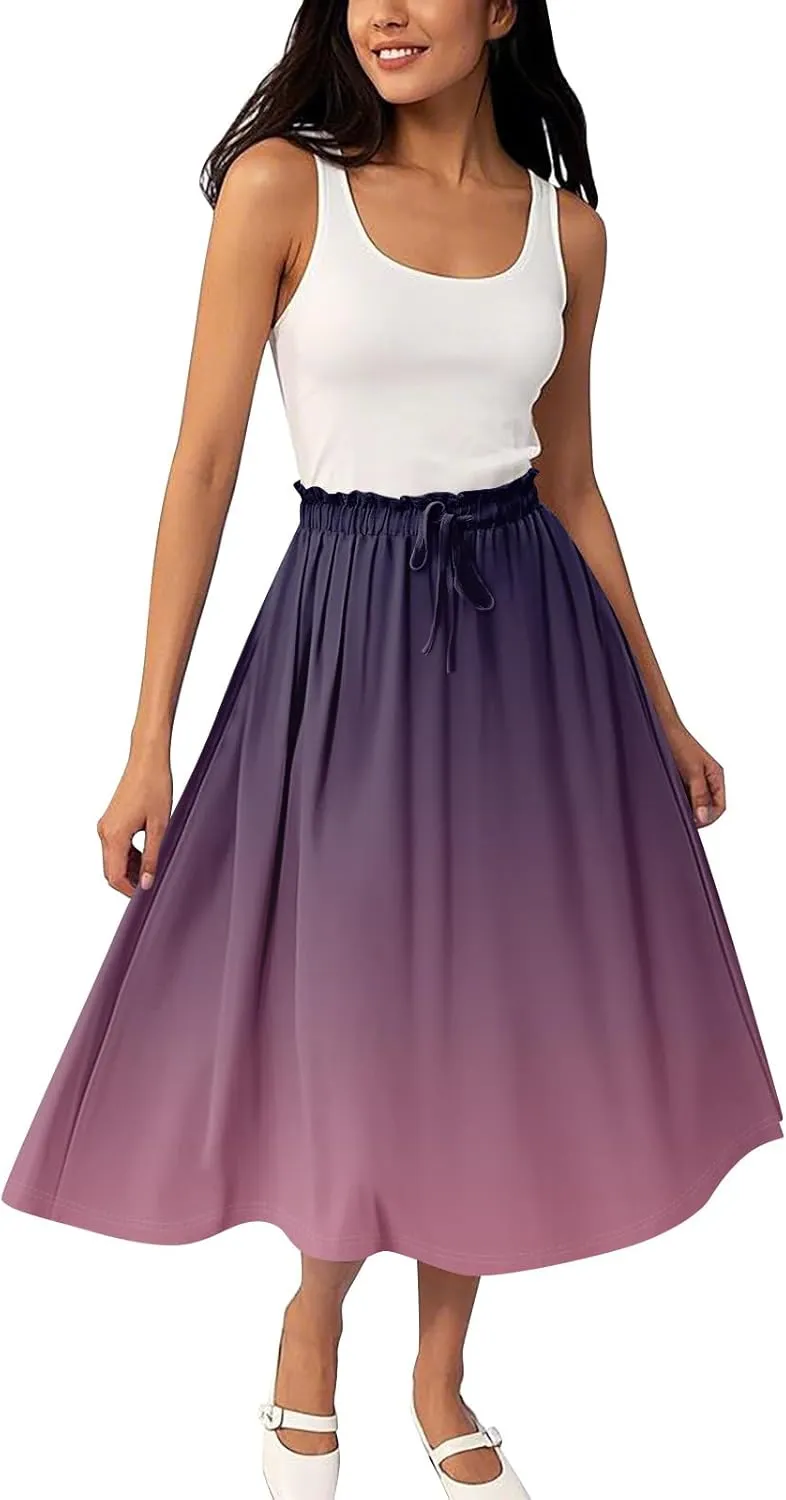 Boho Skirts for Women - High Waisted Floral Maxi Skirt with Pockets, Elastic Waist Flowy Beach Vacation Dress