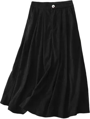 Bourund Winter Warm Cozy Corduroy Skirts for Women A-line Vintage Solid Color Pleated Front Midi Skirts with Pockets