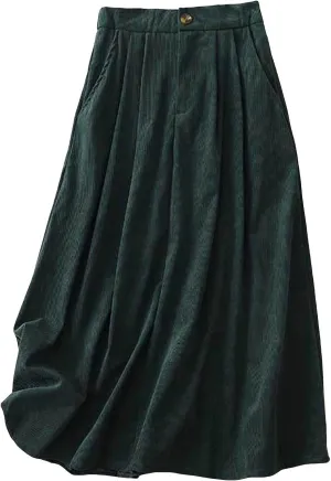Bourund Winter Warm Cozy Corduroy Skirts for Women A-line Vintage Solid Color Pleated Front Midi Skirts with Pockets