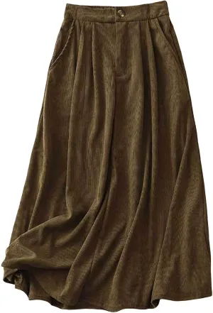 Bourund Winter Warm Cozy Corduroy Skirts for Women A-line Vintage Solid Color Pleated Front Midi Skirts with Pockets