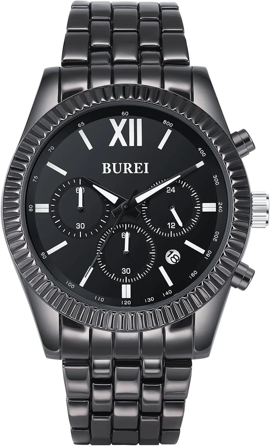BUREI Men's Luxury Wrist Watches Black Mens Watch Stainless Steel ChronographBusiness Mens Watches with Waterproof Roman Arabic Numerals Dial Dress Watch for Men