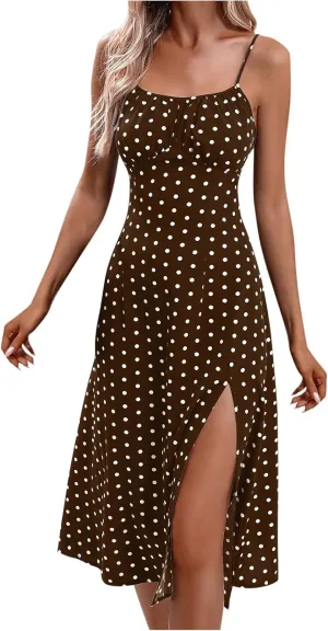 Casual Dresses for Women Summer Spaghetti Strap Split Midi Sundress Elegant Trendy Boho Polka Dot Dress