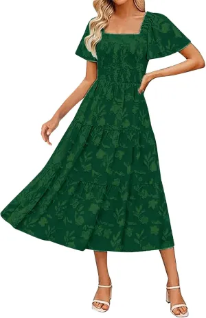 Casual Summer Dresses for Women 2025,Women's Cotton Summer Boho Floral Printed Midi Dresses Elegant Square Neck Dress