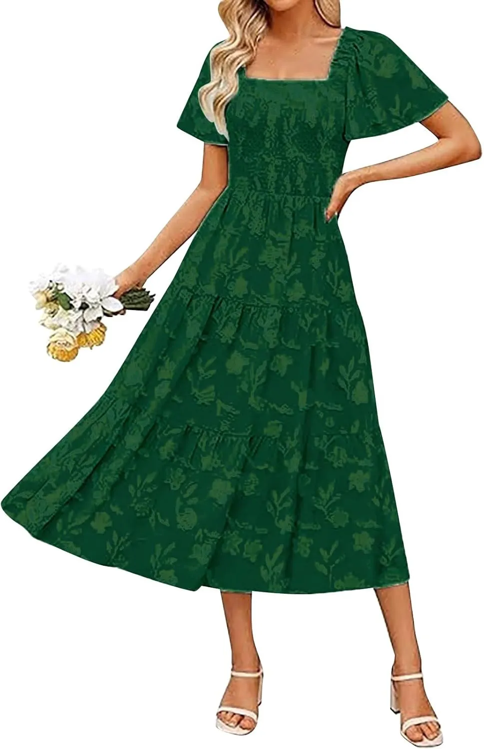Casual Summer Dresses for Women 2025,Women's Cotton Summer Boho Floral Printed Midi Dresses Elegant Square Neck Dress