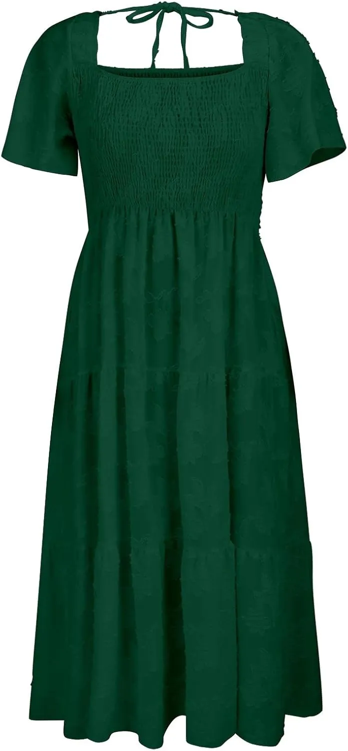 Casual Summer Dresses for Women 2025,Women's Cotton Summer Boho Floral Printed Midi Dresses Elegant Square Neck Dress