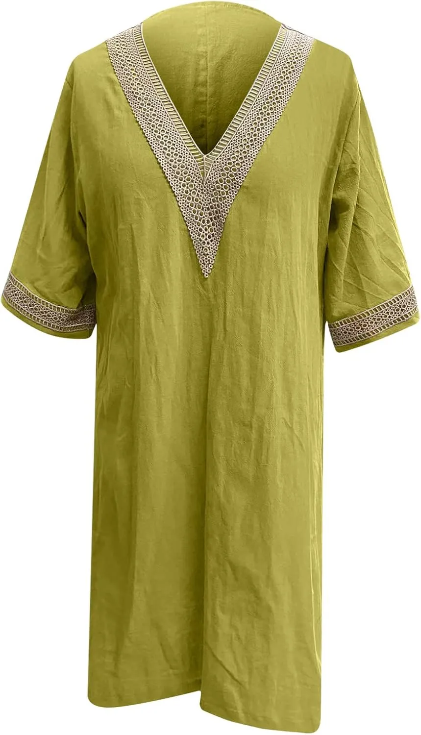 Ceboyel Cotton Linen Dresses for Women 2025 Boho Casual Short Dress V Neck Summer Dress Trendy Elegant Ladies Outfits