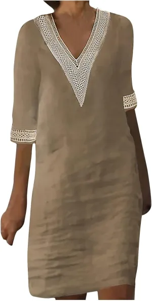 Ceboyel Cotton Linen Dresses for Women 2025 Boho Casual Short Dress V Neck Summer Dress Trendy Elegant Ladies Outfits