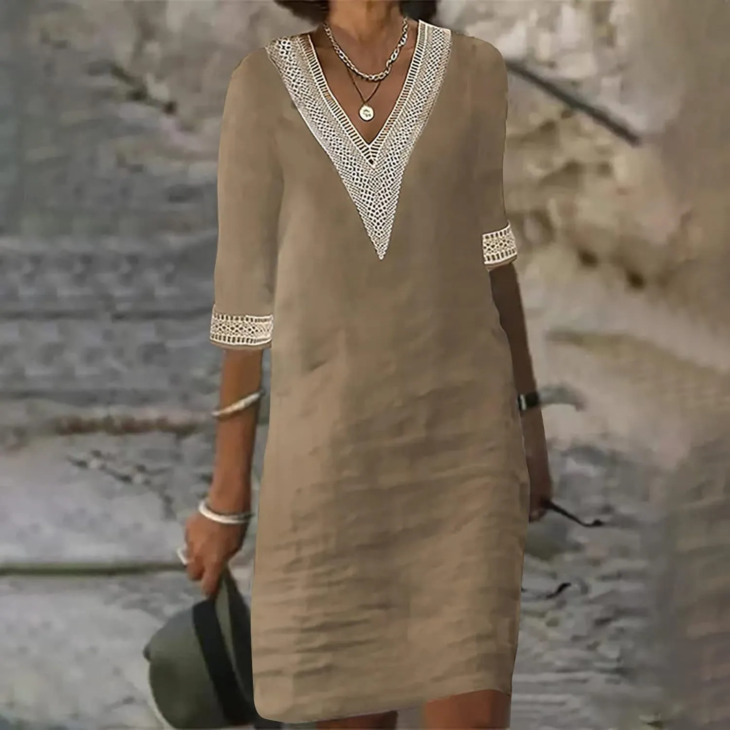 Ceboyel Cotton Linen Dresses for Women 2025 Boho Casual Short Dress V Neck Summer Dress Trendy Elegant Ladies Outfits