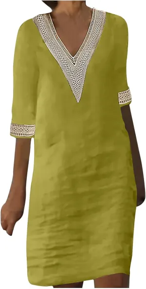 Ceboyel Cotton Linen Dresses for Women 2025 Boho Casual Short Dress V Neck Summer Dress Trendy Elegant Ladies Outfits