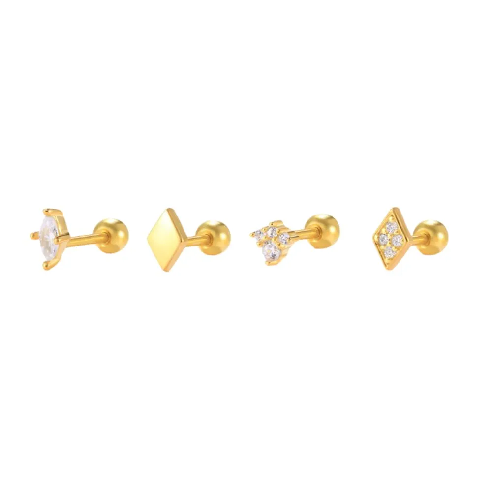 Chic Geometric Sparkle: 925 Sterling Silver Set of 4 Gold-Plated Stud Earrings