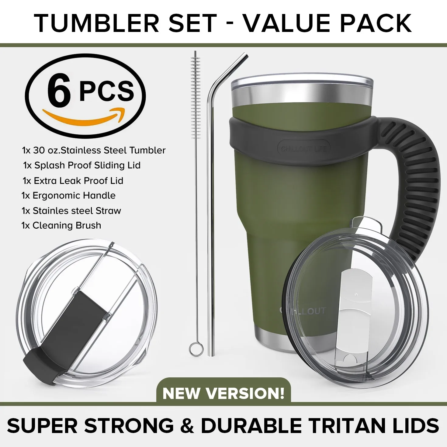 CHILLOUT LIFE 2 Packs of Stainless Steel Travel Mug with Handle 30oz ( 6 Piece Set- Tumbler with Handle, Straw, Cleaning Brush & 2 Lids)