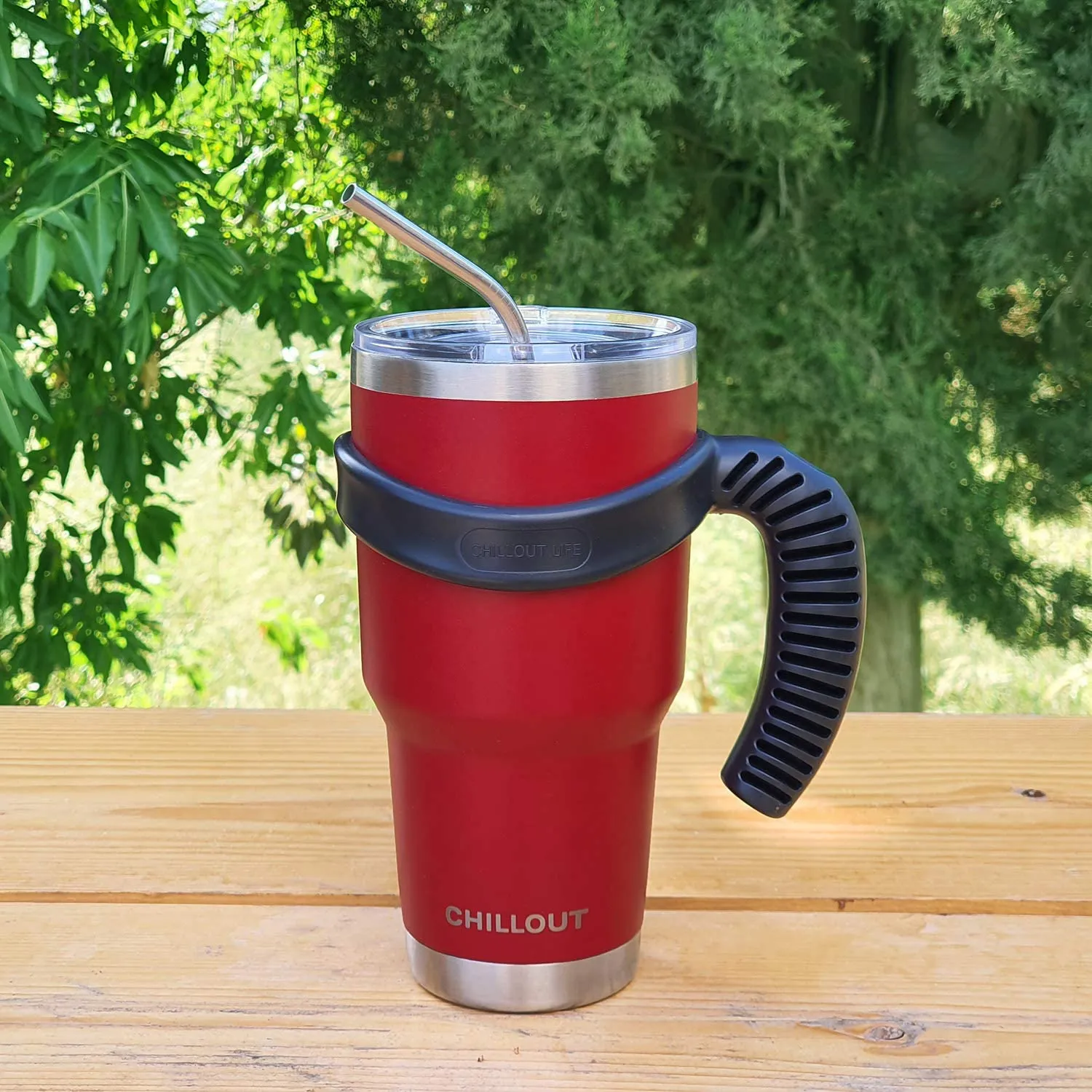 CHILLOUT LIFE 2 Packs of Stainless Steel Travel Mug with Handle 30oz ( 6 Piece Set- Tumbler with Handle, Straw, Cleaning Brush & 2 Lids)