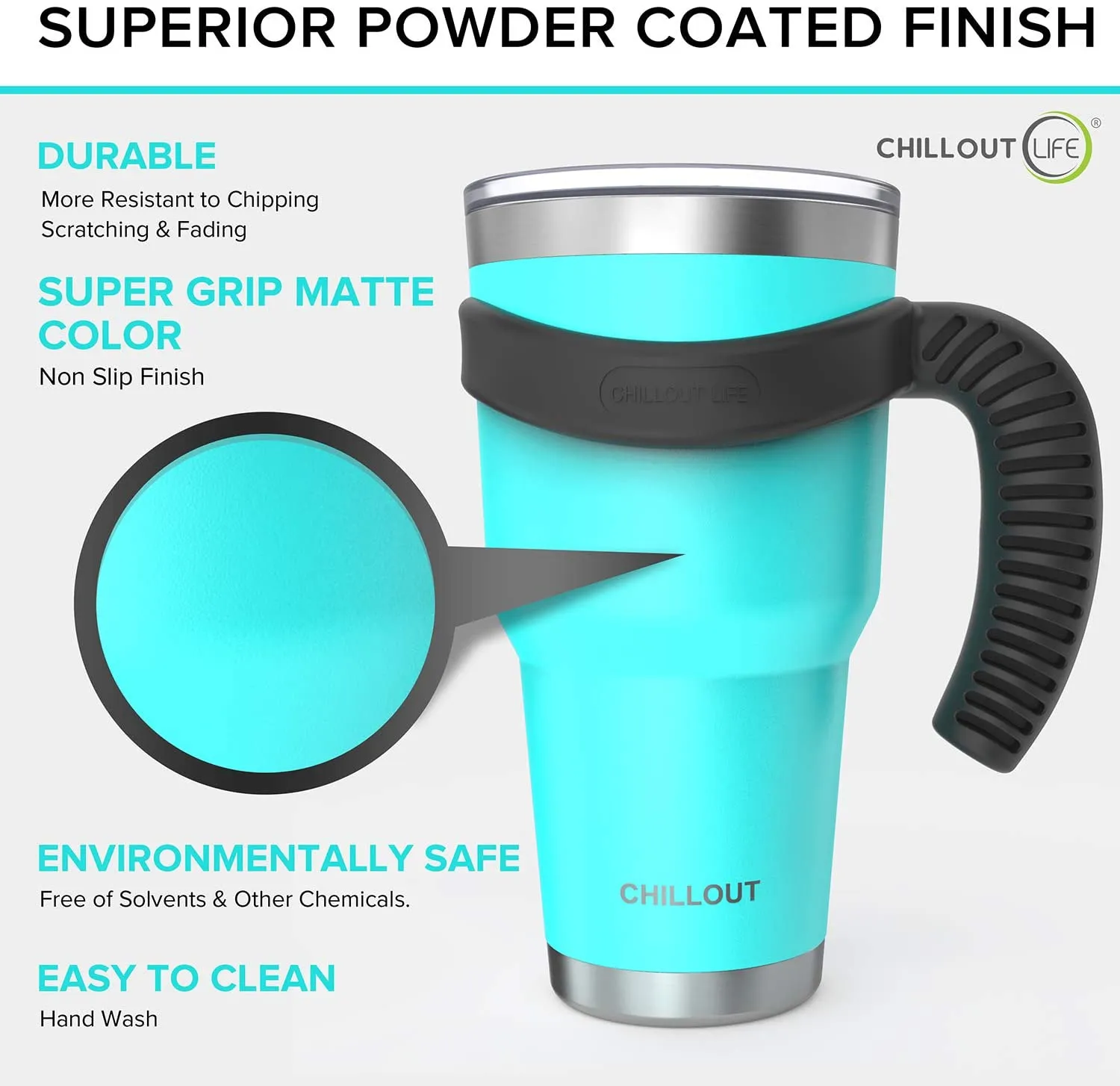 CHILLOUT LIFE 2 Packs of Stainless Steel Travel Mug with Handle 30oz ( 6 Piece Set- Tumbler with Handle, Straw, Cleaning Brush & 2 Lids)
