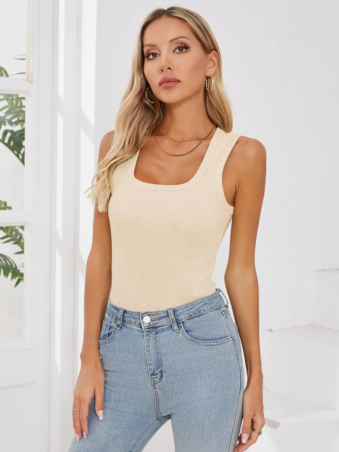 Chulianyouhuo Women Ribbed Tank Tops Square Neck Sleeveless Fitted Basic Shirts Slim Cute Summer 2025 Tops Clothes