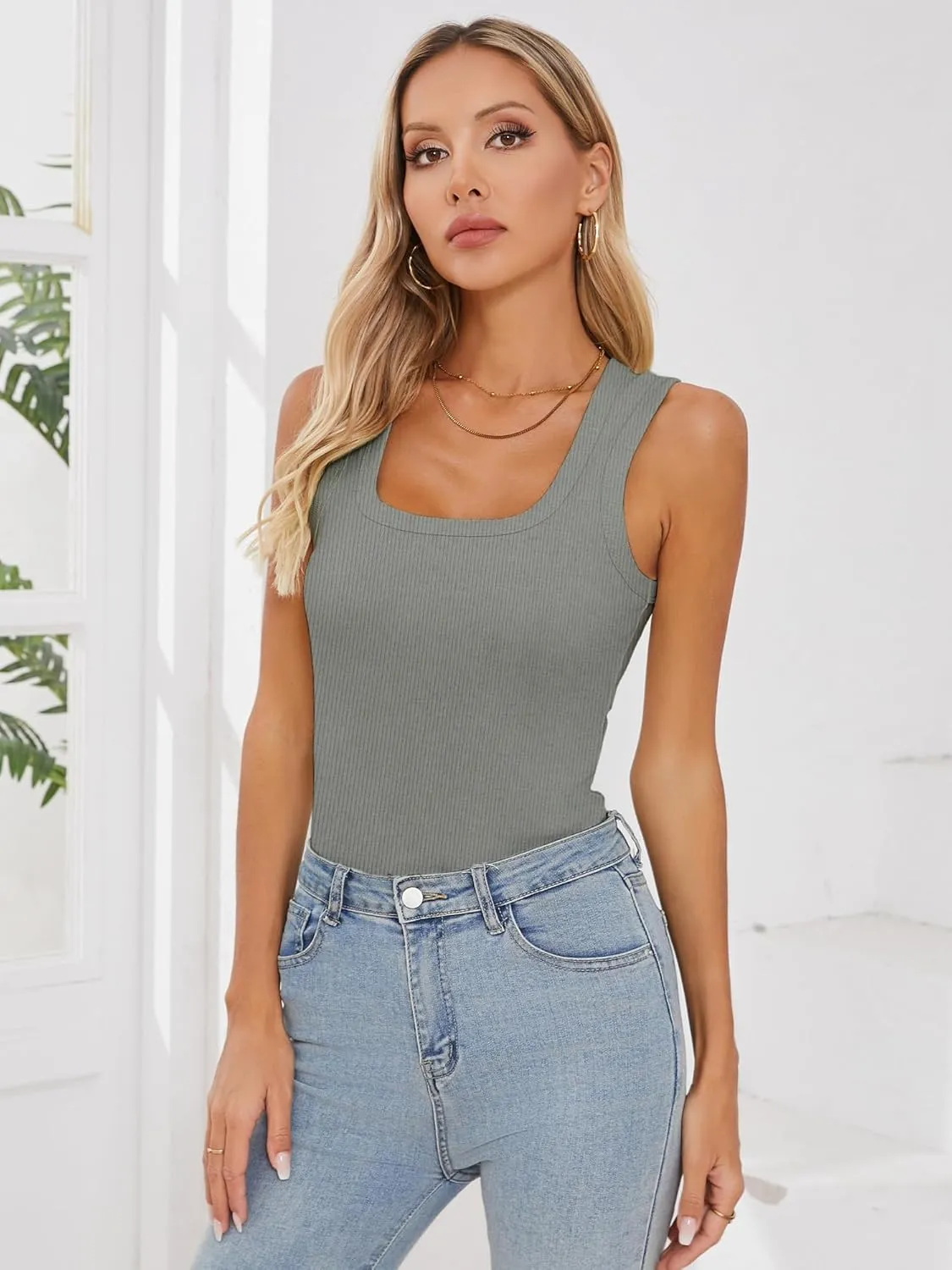 Chulianyouhuo Women Ribbed Tank Tops Square Neck Sleeveless Fitted Basic Shirts Slim Cute Summer 2025 Tops Clothes