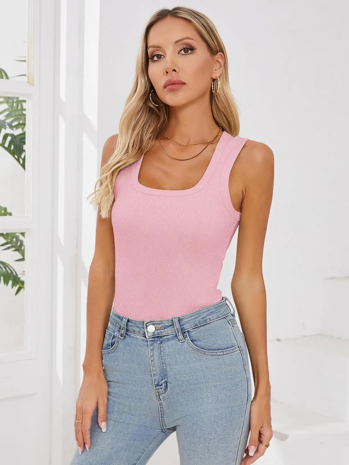 Chulianyouhuo Women Ribbed Tank Tops Square Neck Sleeveless Fitted Basic Shirts Slim Cute Summer 2025 Tops Clothes