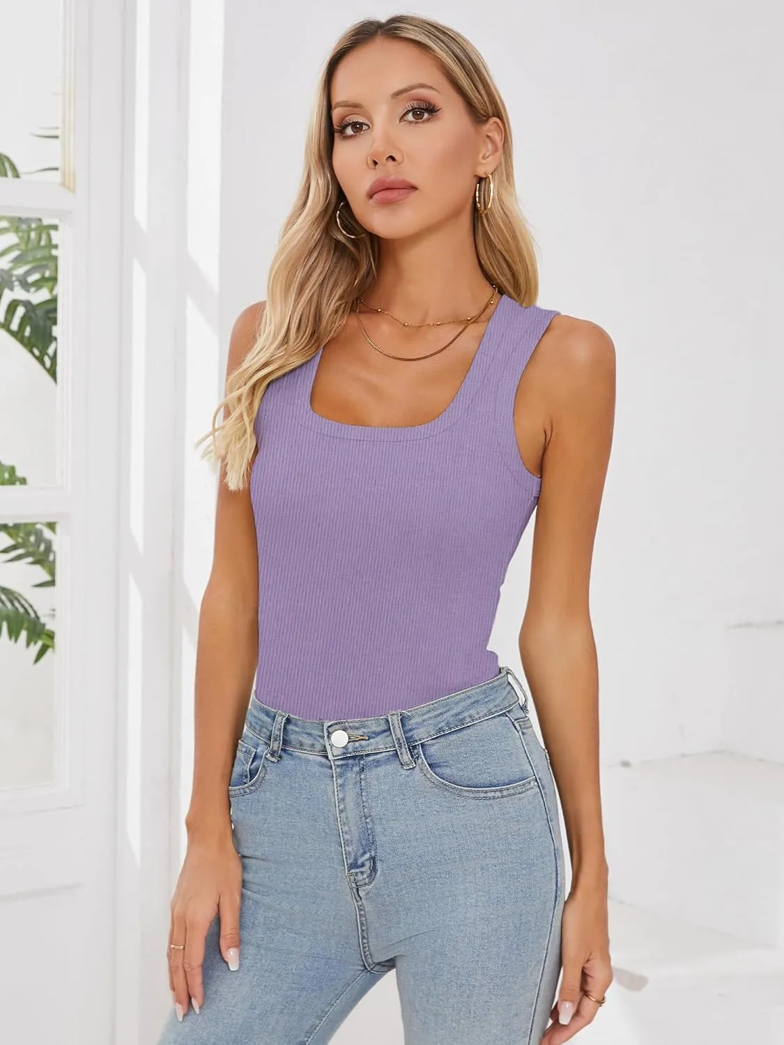 Chulianyouhuo Women Ribbed Tank Tops Square Neck Sleeveless Fitted Basic Shirts Slim Cute Summer 2025 Tops Clothes