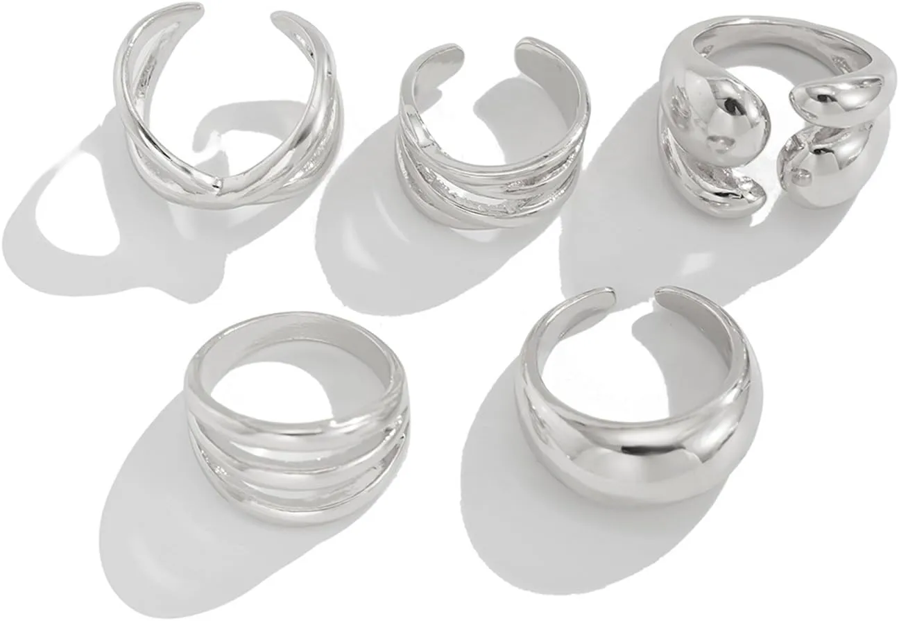 Chunky Gold Bold Huggie Circle Open Rings Stacked for Women, Thick Statement Silver Stackable Hollow X Rings Set Irregular Liquid Metal Jewelry Gifts