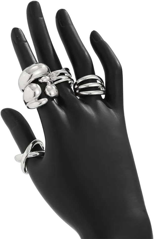 Chunky Gold Bold Huggie Circle Open Rings Stacked for Women, Thick Statement Silver Stackable Hollow X Rings Set Irregular Liquid Metal Jewelry Gifts