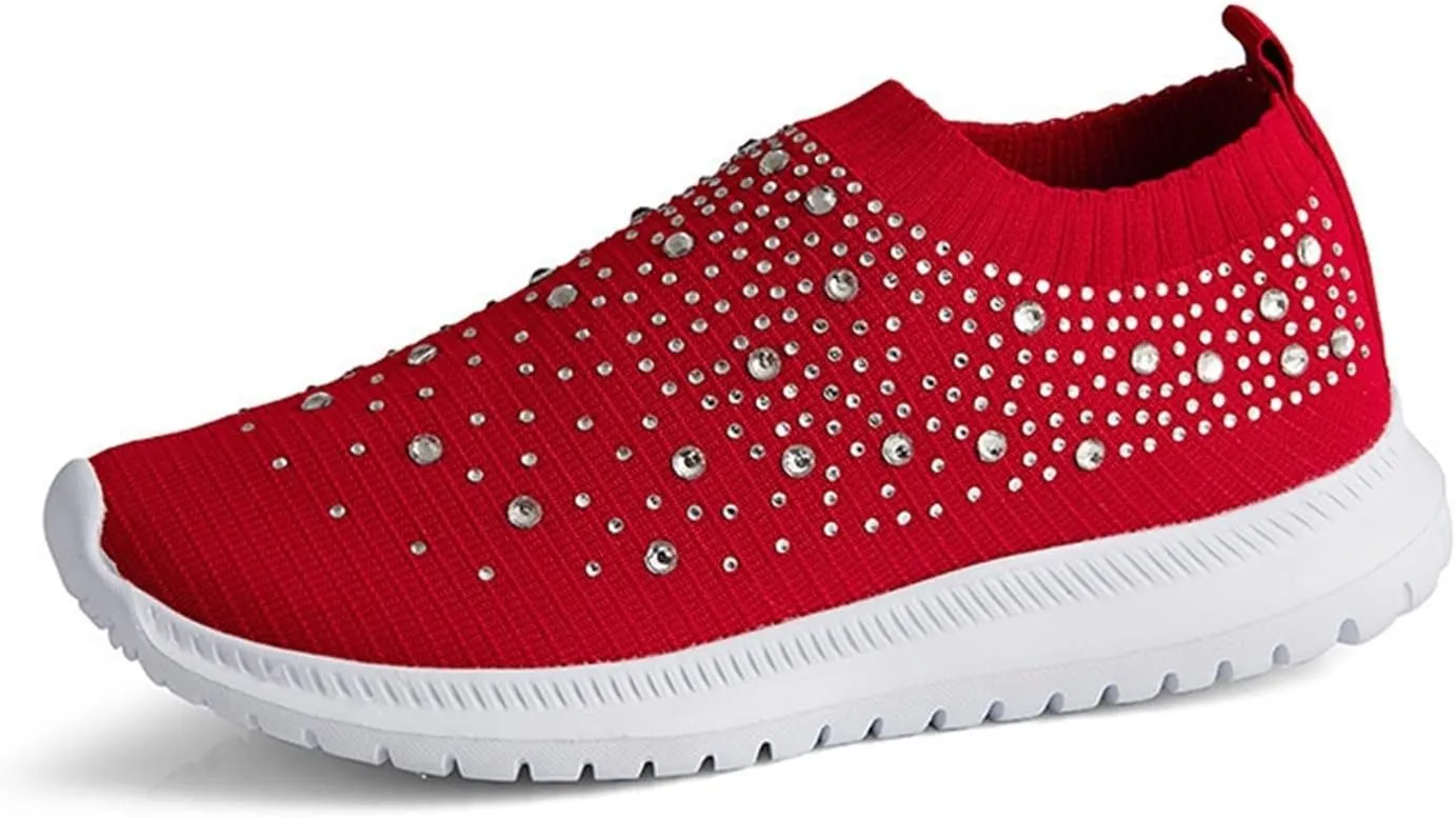 Classic Sneaker for Women's Round Toe Fashion Bling Comfortable Knitted Stretch Slip On Rubber Flat Shoes Casual Lightweight Anti Slip Running Dress