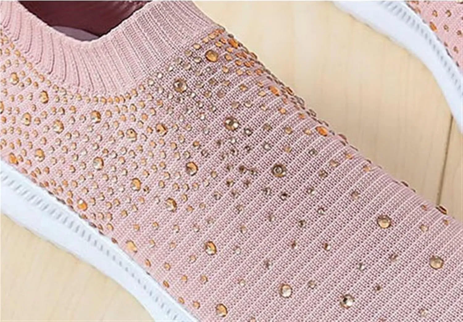 Classic Sneaker for Women's Round Toe Fashion Bling Comfortable Knitted Stretch Slip On Rubber Flat Shoes Casual Lightweight Anti Slip Running Dress