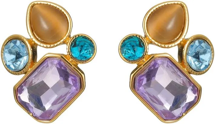 Colored Crystal Zircon Geometric Shaped Stud Earrings  Gold-Plated Stainless Steel with Amethyst, Aqua, and Beige Crystals for Women
