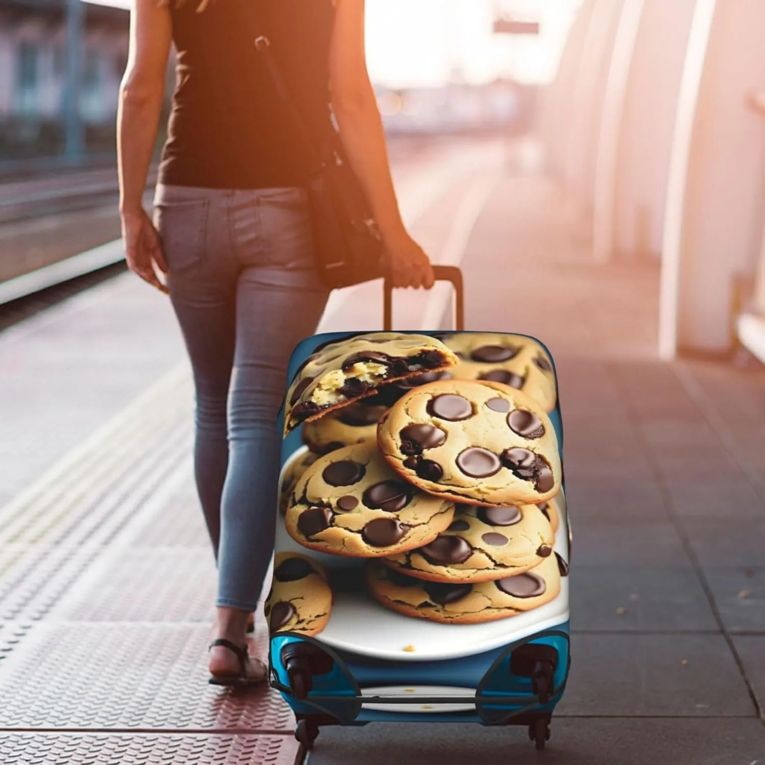 Cookies Food Chocolate Chips Biscuits Print Practical Elastic Washable Travel Luggage Cover with Concealed Zipper for Suitcases