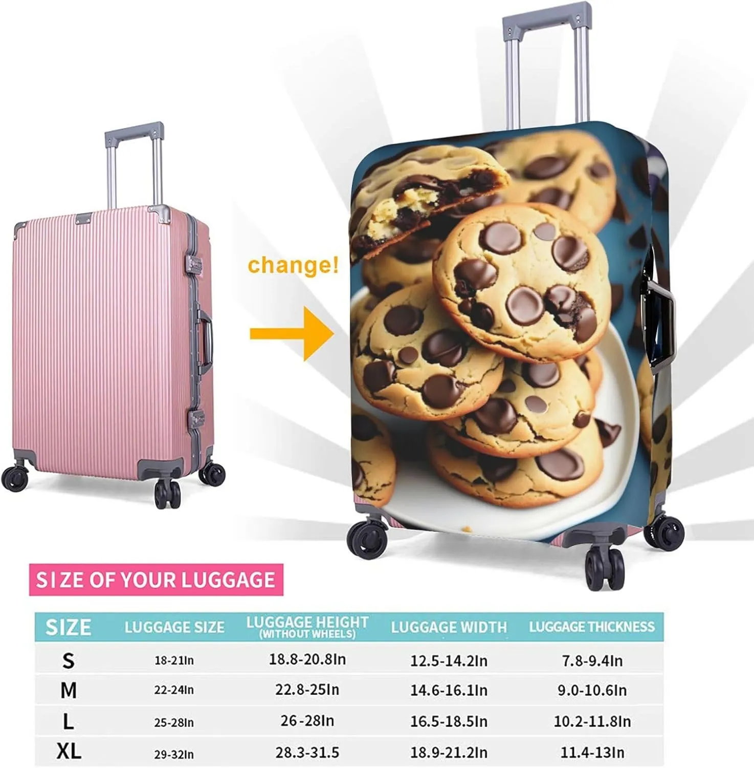 Cookies Food Chocolate Chips Biscuits Print Practical Elastic Washable Travel Luggage Cover with Concealed Zipper for Suitcases