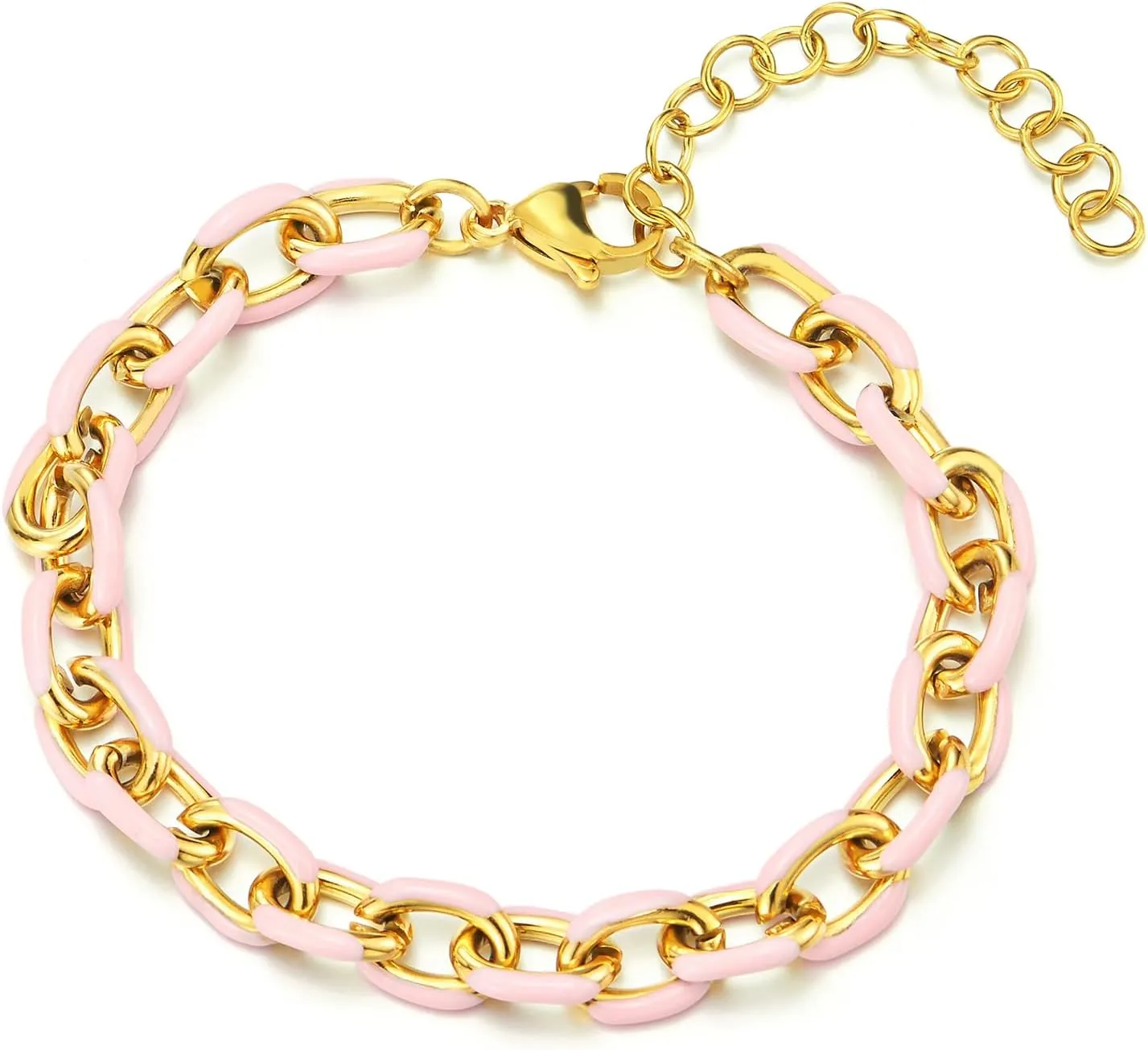 COOLSTEELANDBEYOND Gold and Pink Two-tone Women Stainless Steel Rolo Chain Bracelet, Adjustable