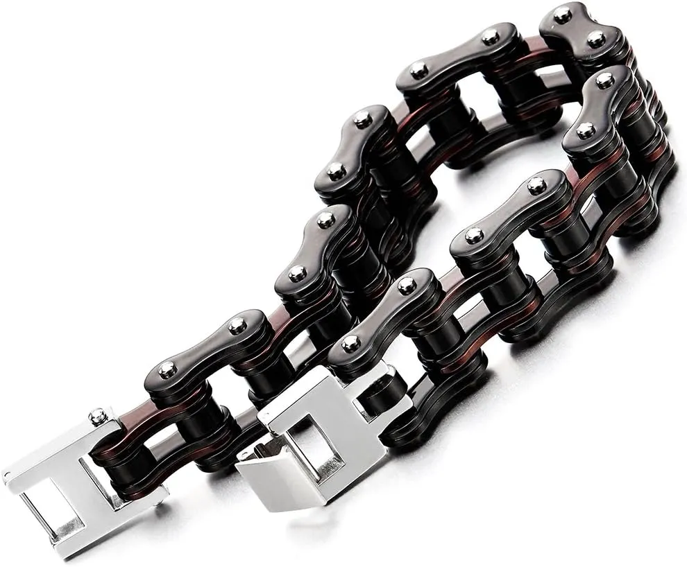 COOLSTEELANDBEYOND Masculine Mens Bike Chain Bracelet of Stainless Steel Two-Tone Polished