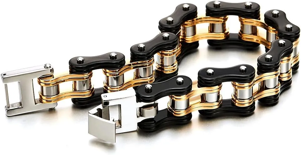 COOLSTEELANDBEYOND Masculine Mens Bike Chain Bracelet of Stainless Steel Two-Tone Polished