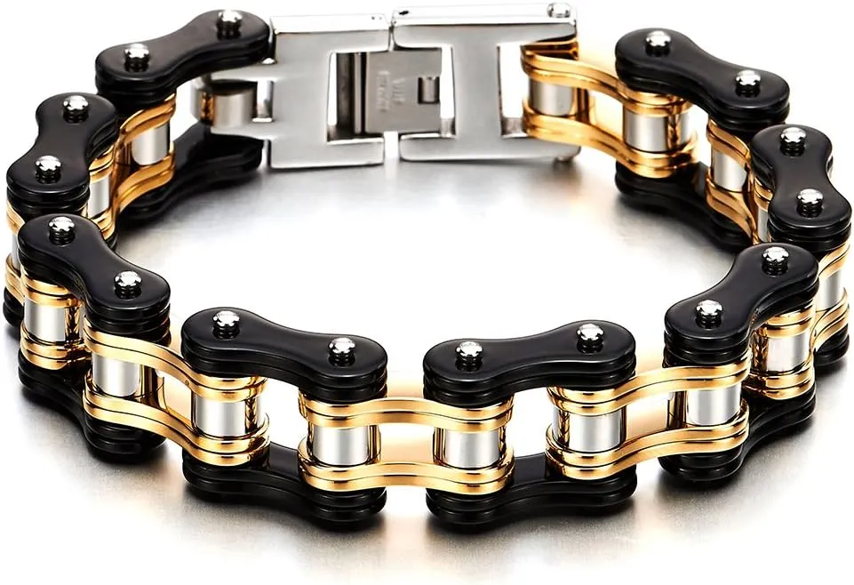 COOLSTEELANDBEYOND Masculine Mens Bike Chain Bracelet of Stainless Steel Two-Tone Polished