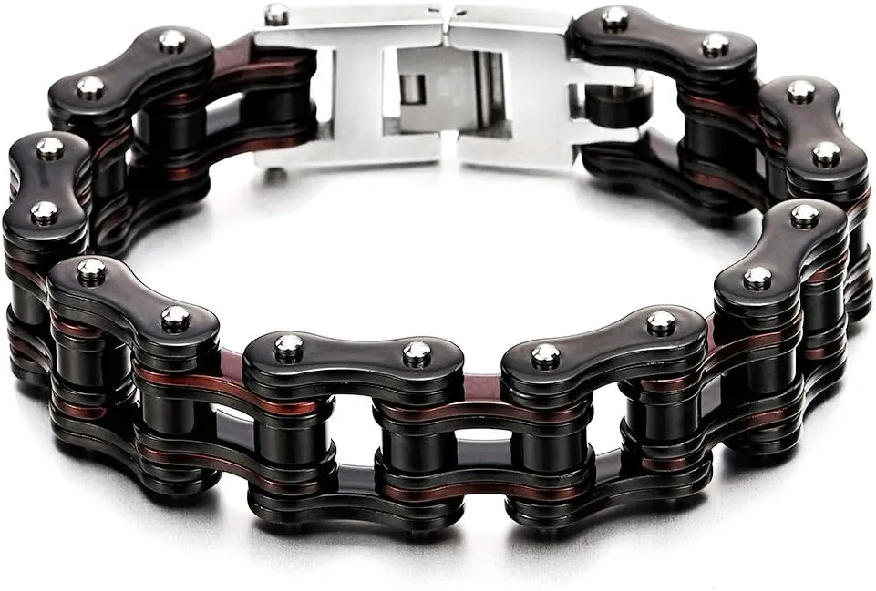 COOLSTEELANDBEYOND Masculine Mens Bike Chain Bracelet of Stainless Steel Two-Tone Polished