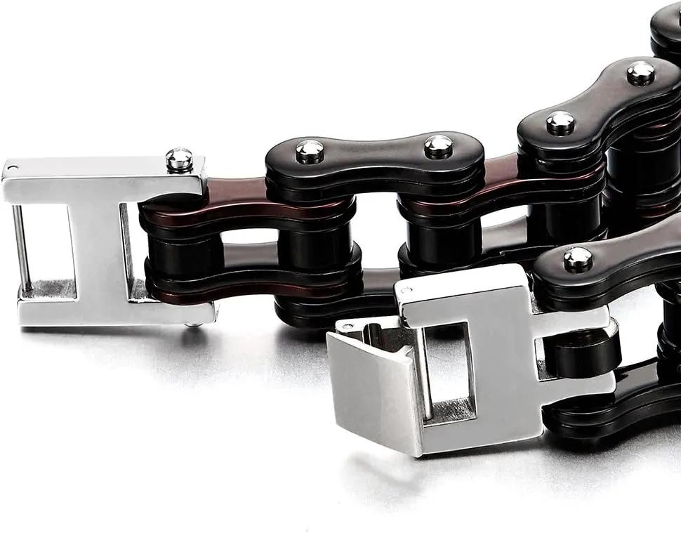COOLSTEELANDBEYOND Masculine Mens Bike Chain Bracelet of Stainless Steel Two-Tone Polished
