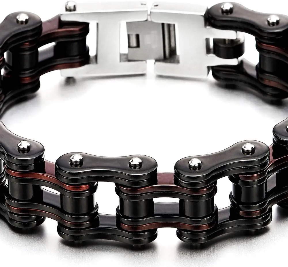 COOLSTEELANDBEYOND Masculine Mens Bike Chain Bracelet of Stainless Steel Two-Tone Polished