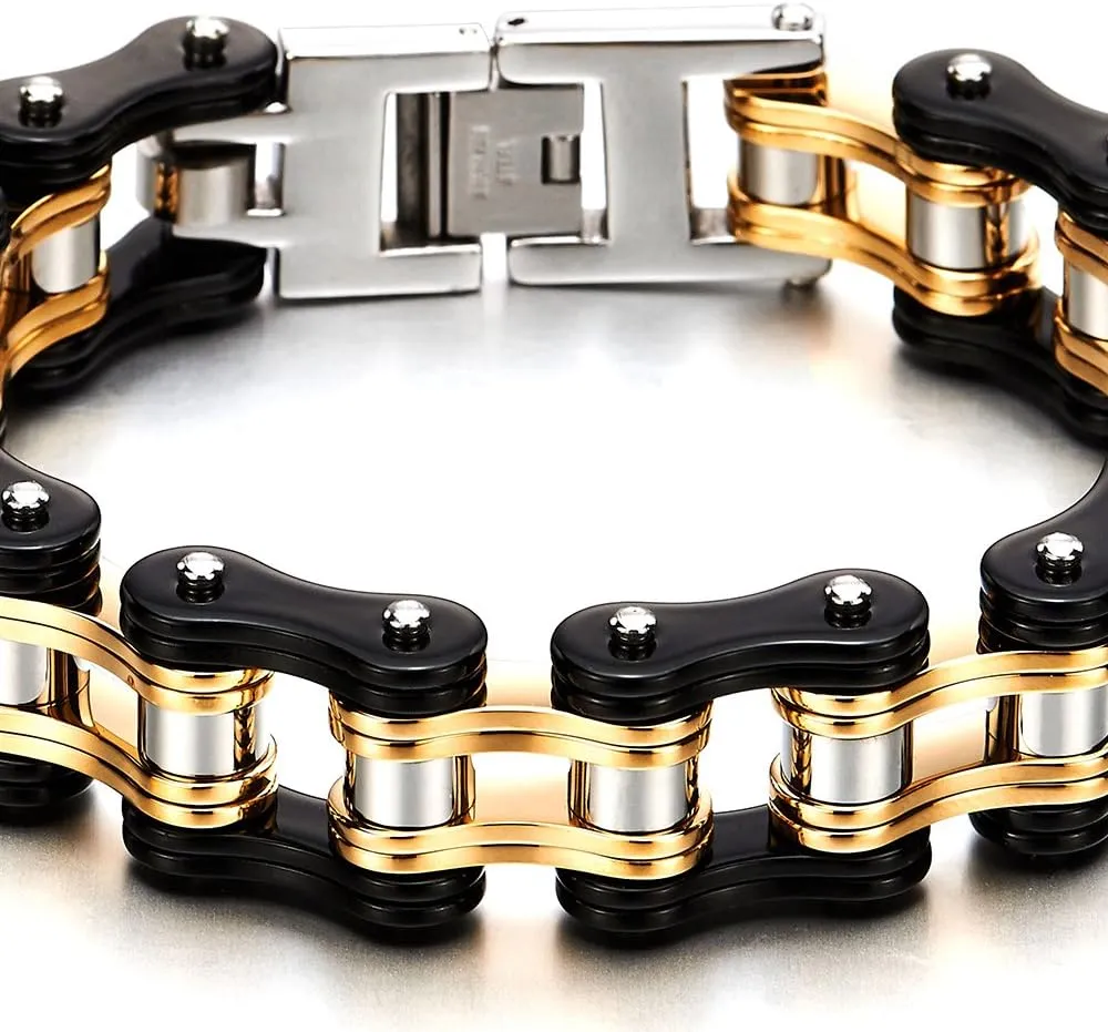 COOLSTEELANDBEYOND Masculine Mens Bike Chain Bracelet of Stainless Steel Two-Tone Polished