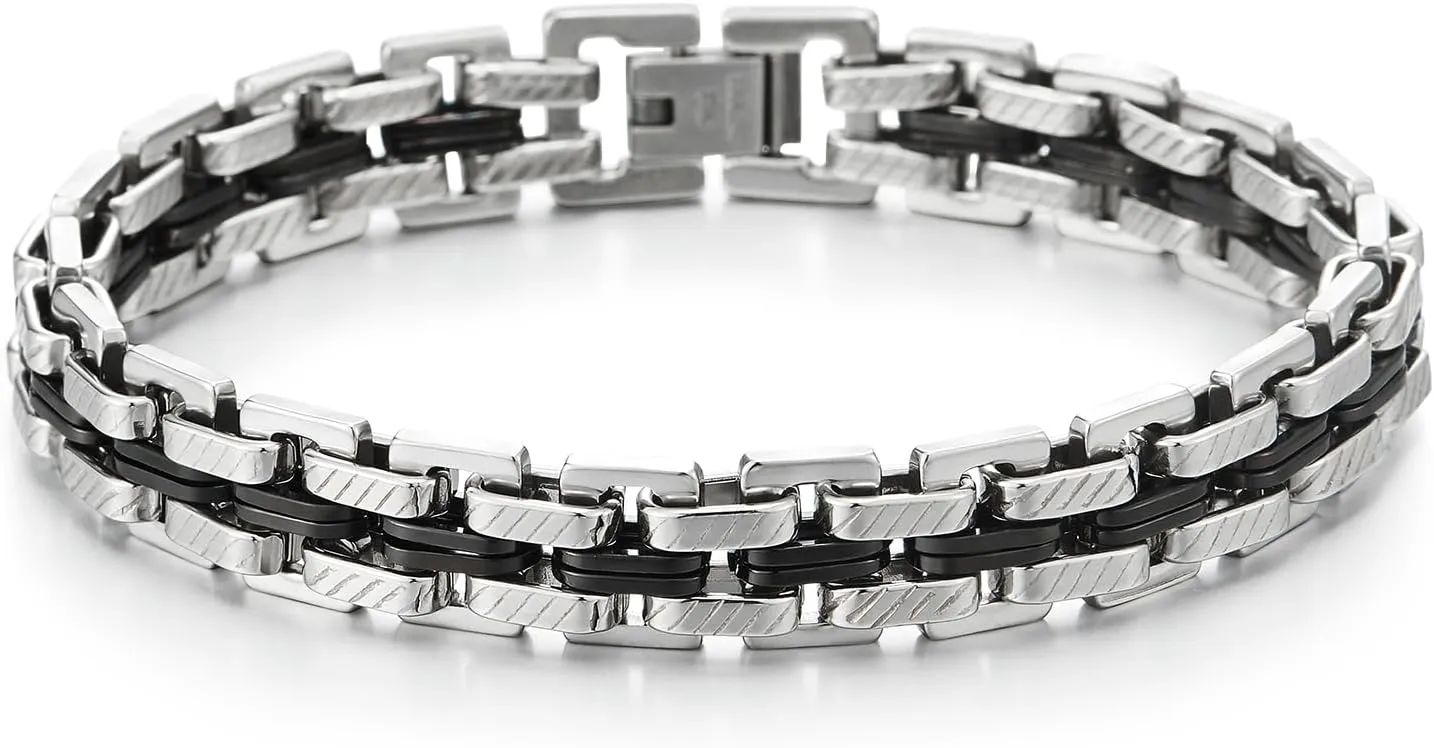 COOLSTEELANDBEYOND Mens Bracelet of Stainless Steel Silver Black Two-Tone Textured Braided Link Chain