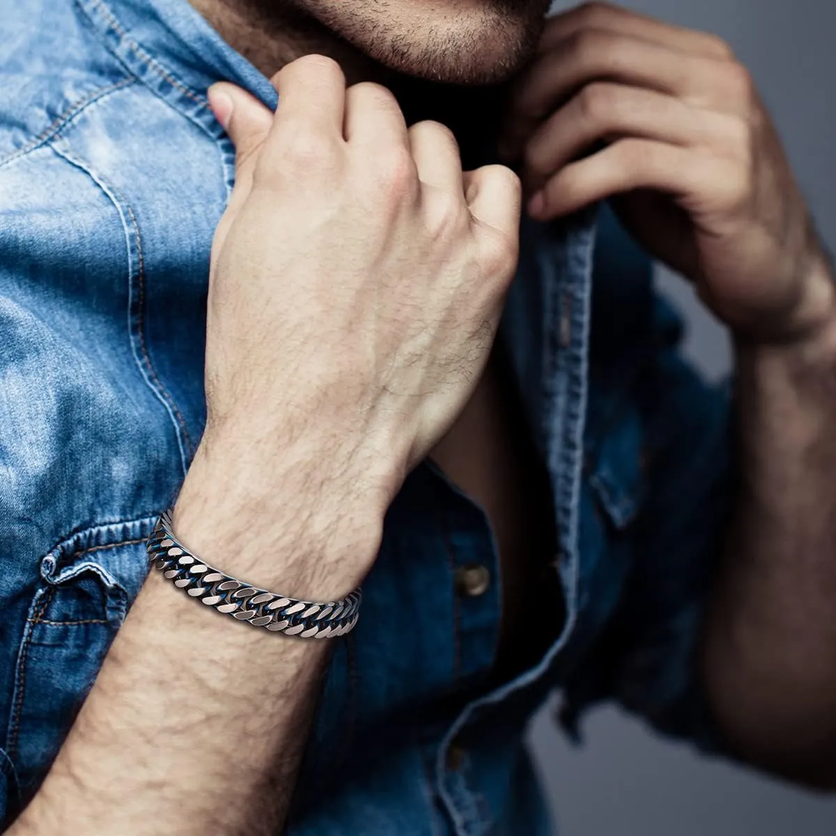 COOLSTEELANDBEYOND Mens Stainless Steel Two-tone Curb Chain Bangle Bracelet, Satin Finish