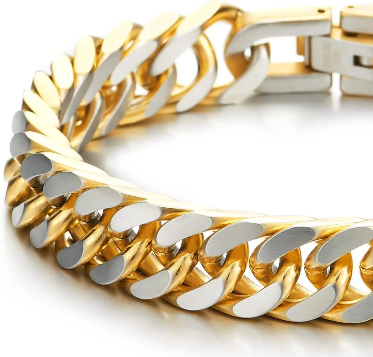 COOLSTEELANDBEYOND Mens Stainless Steel Two-tone Curb Chain Bangle Bracelet, Satin Finish