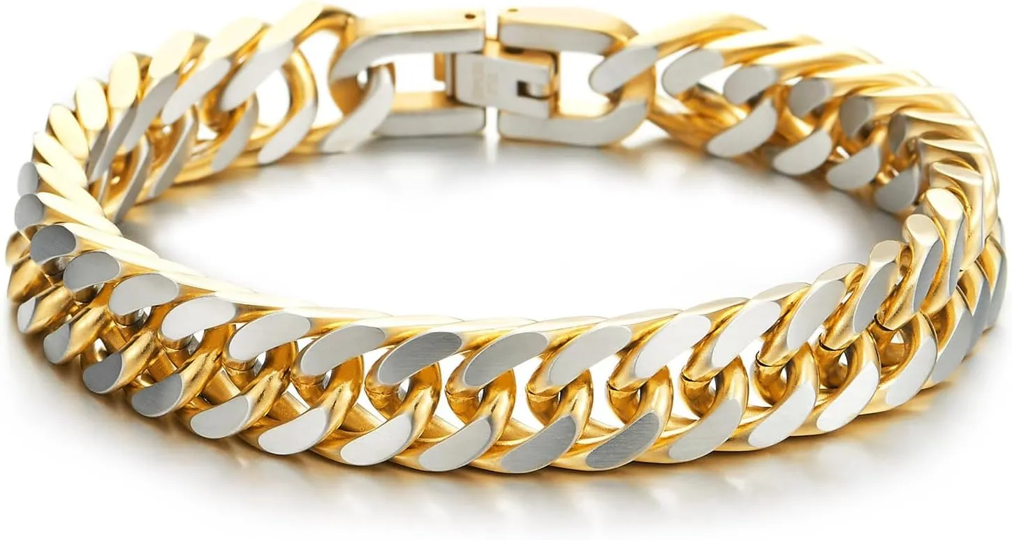 COOLSTEELANDBEYOND Mens Stainless Steel Two-tone Curb Chain Bangle Bracelet, Satin Finish