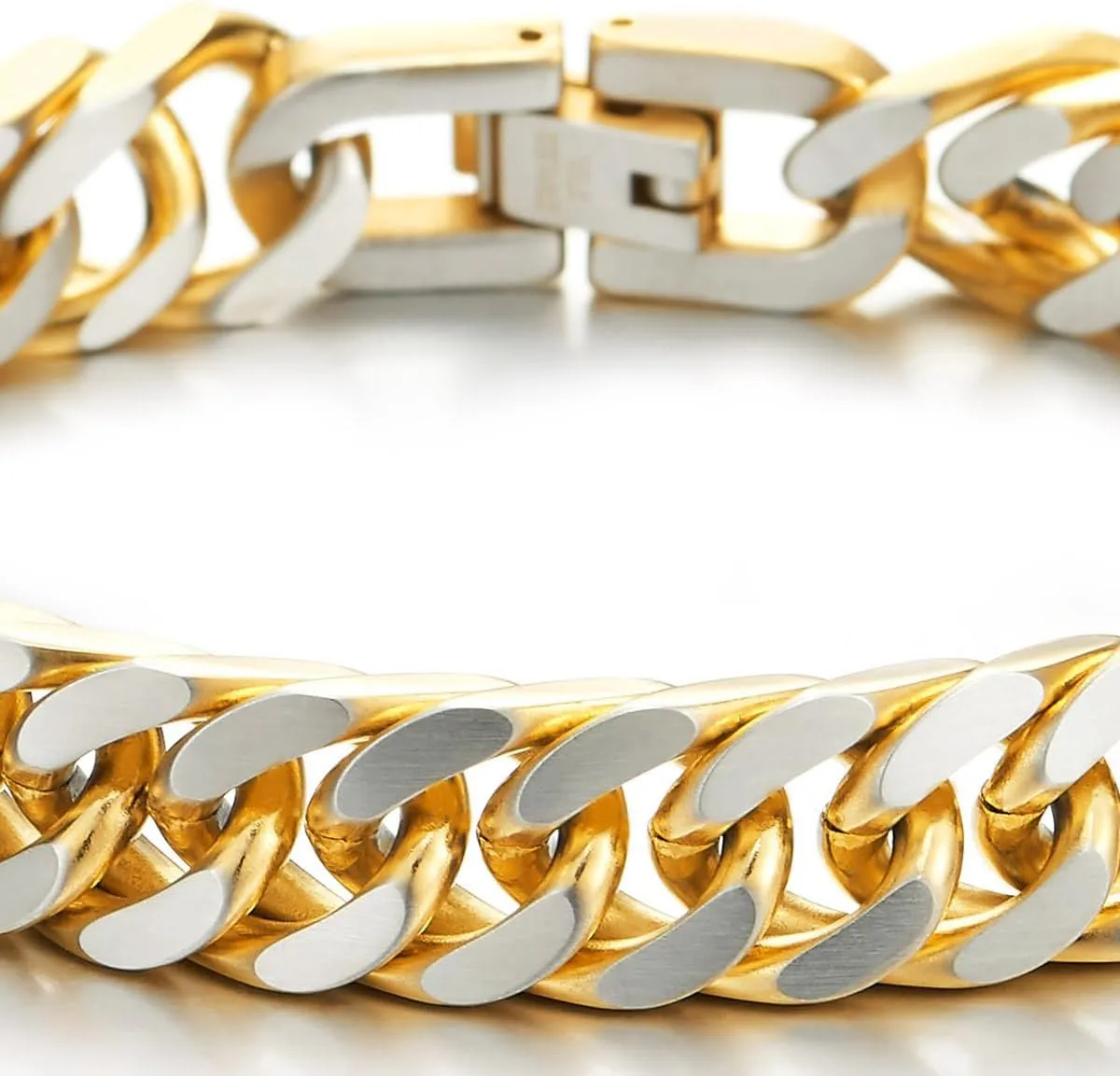 COOLSTEELANDBEYOND Mens Stainless Steel Two-tone Curb Chain Bangle Bracelet, Satin Finish