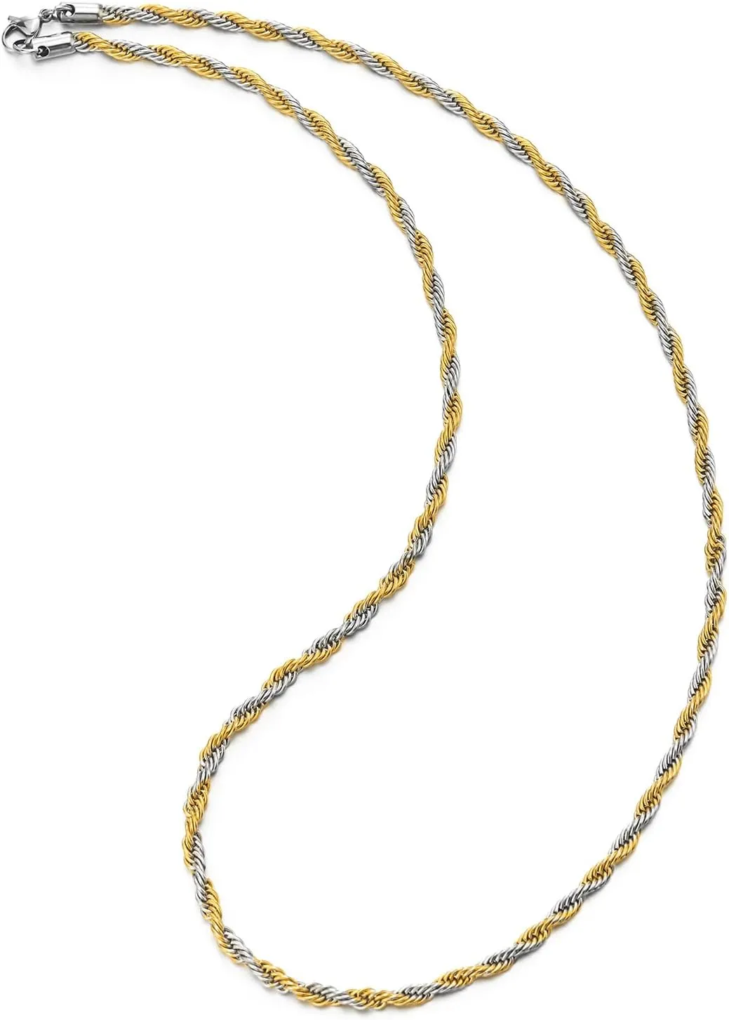 COOLSTEELANDBEYOND Mens Womens Stainless Steel Rope Chain Necklace, Silver Gold Two-tone, 24 inches