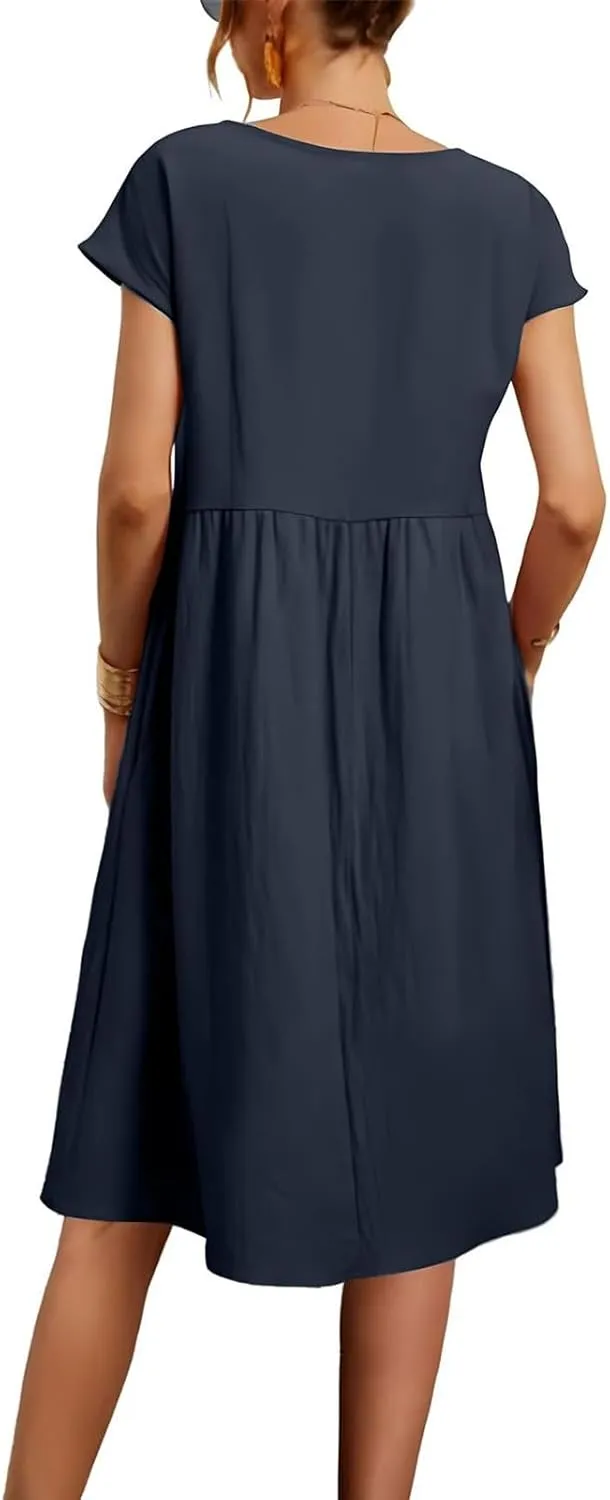 Cotton Dresses for Women 2025 Casual Summer Midi Dress Plus Size Short Sleeve Knee Length T Shirt Dress with Pockets