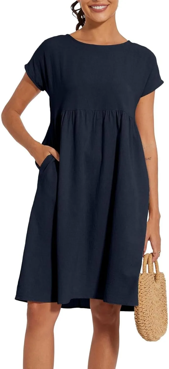 Cotton Dresses for Women 2025 Casual Summer Midi Dress Plus Size Short Sleeve Knee Length T Shirt Dress with Pockets