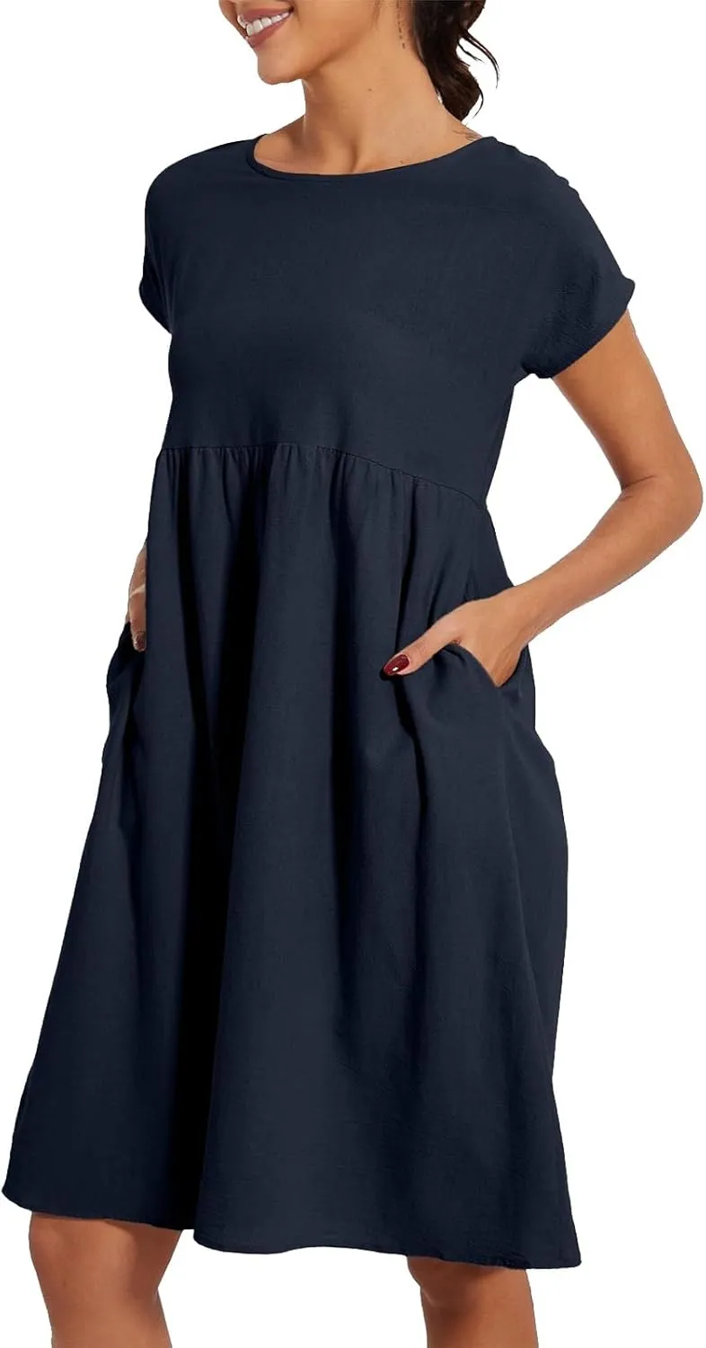 Cotton Dresses for Women 2025 Casual Summer Midi Dress Plus Size Short Sleeve Knee Length T Shirt Dress with Pockets