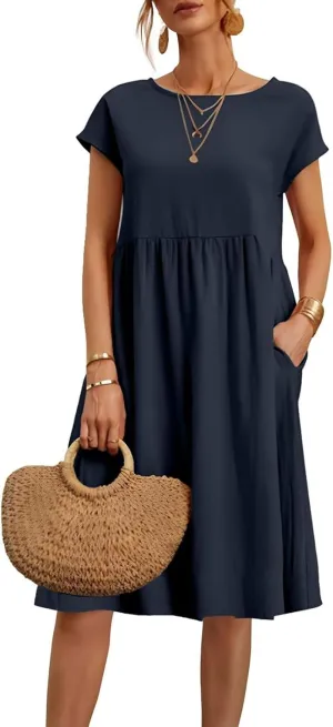 Cotton Dresses for Women 2025 Casual Summer Midi Dress Plus Size Short Sleeve Knee Length T Shirt Dress with Pockets