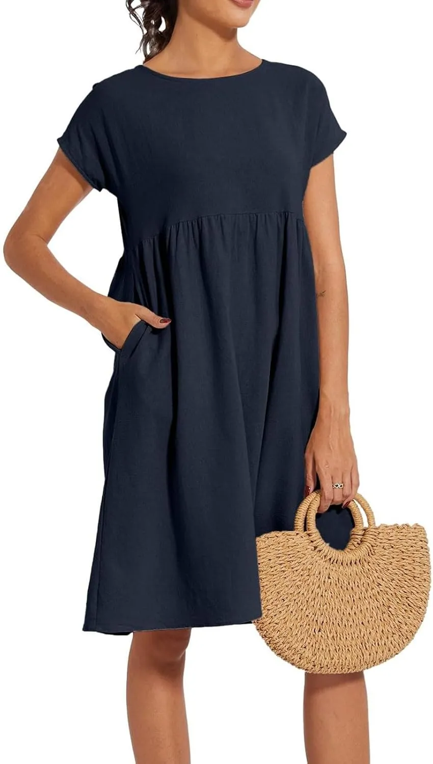 Cotton Dresses for Women 2025 Casual Summer Midi Dress Plus Size Short Sleeve Knee Length T Shirt Dress with Pockets