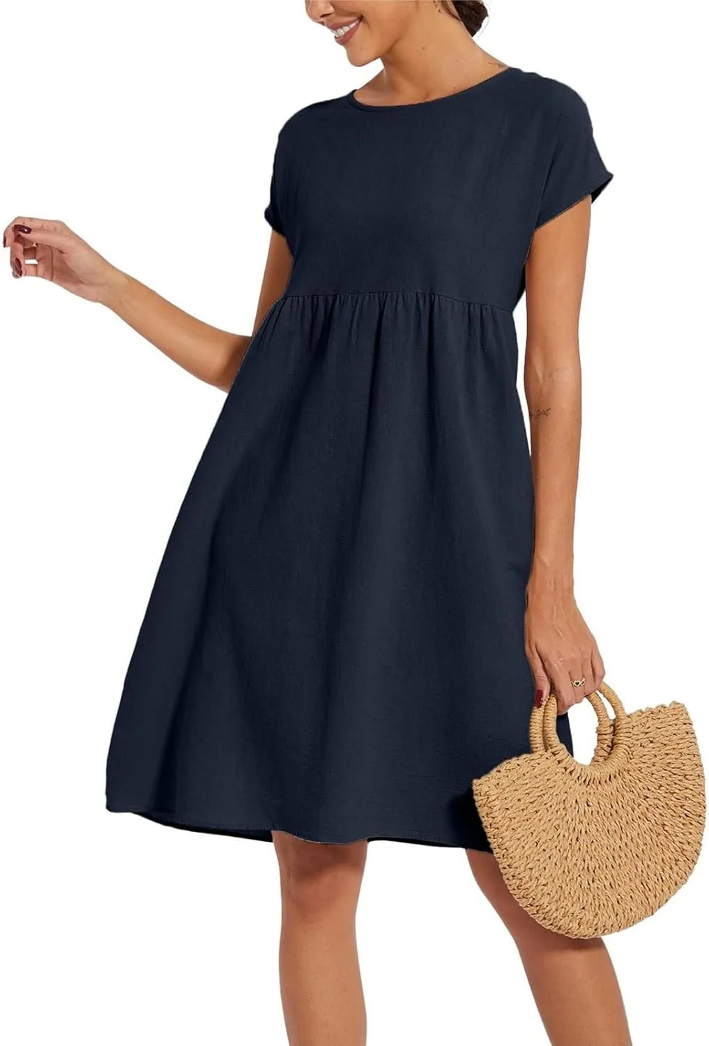Cotton Dresses for Women 2025 Casual Summer Midi Dress Plus Size Short Sleeve Knee Length T Shirt Dress with Pockets