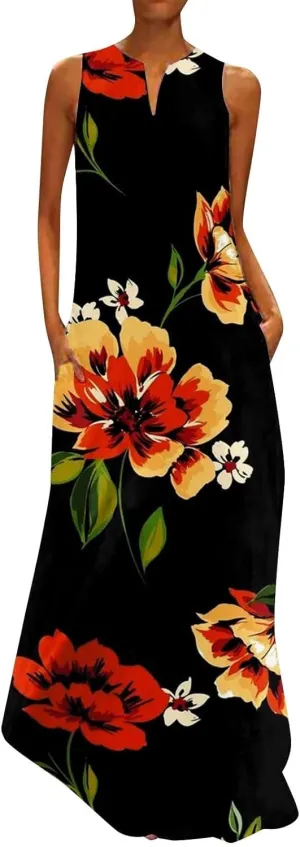CRNTCEM Floral Maxi Dress for Women Sleeveless Wedding Guest Long Dresses V Neck Elegant Outdoor Beach Travel Dresses